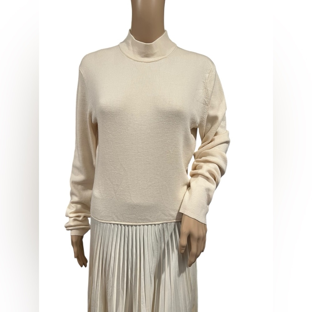 Polo Ralph Lauren Womens Dress Long-Sleeve Cream pleated Mockneck Wool Silk XL - Picture 6 of 16